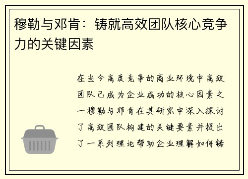 穆勒与邓肯:铸就高效团队核心竞争力的关键因素 穆勒与邓肯:铸就高效团队核心竞争力的关键因素