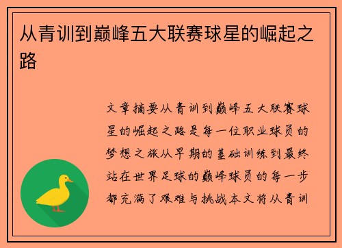 从青训到巅峰五大联赛球星的崛起之路